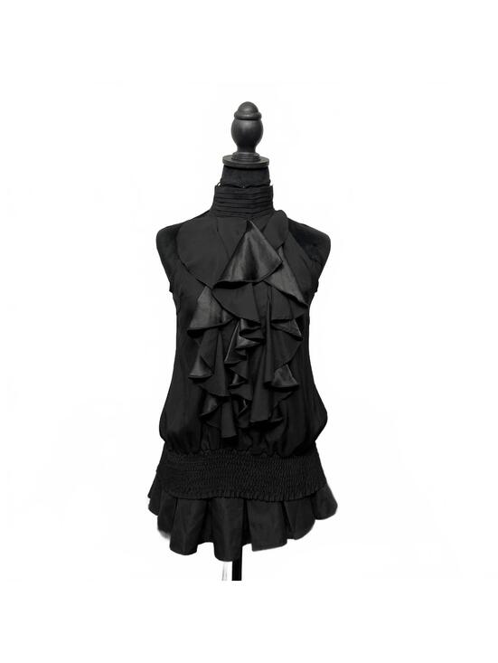 Culture Tops - Vintage 100% Silk Black High Neck Top With Dramatic Ruffles Sz S Goth Evening